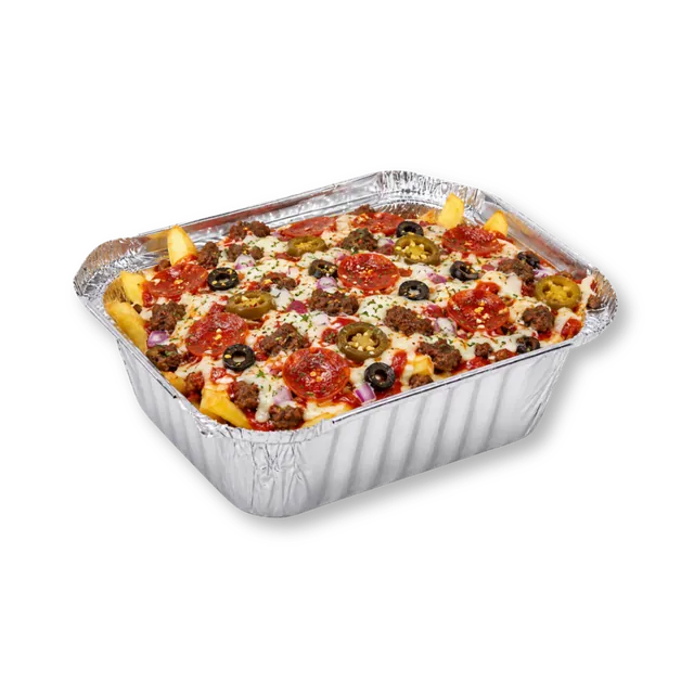 Beef Pizza Fries: ~7 oz premium potato fries, beef patty chunks, beef pepperoni, mozzarella cheese, jalapenos, black olives, diced onions, pizza sauce, oregano, chilli flakes, parsley
