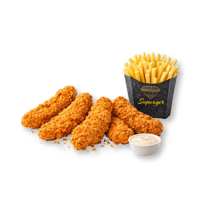 Crispy Tender Strips: 5 pcs crispy boneless chicken strips, ~5 oz premium fries, sauce