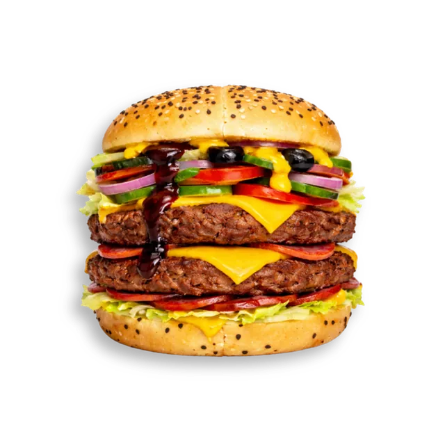 PeppoCharred Beef: 4.5-inch soft bun, 2 beef patties (~9 oz), 2 cheese slices, beef pepperoni, iceberg, onions, olives, cucumbers, capsicum, tomatoes, BBQ sauce, mustard sauce, orange sauce