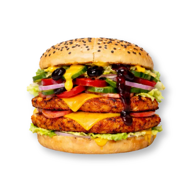 PeppoCharred Grilled: 4.5-inch soft bun, 2 grilled chicken fillets (~9 oz), 2 cheese slices, chicken pepperoni, iceberg, onions, olives, cucumbers, capsicum, tomatoes, BBQ sauce, mustard sauce, orange sauce