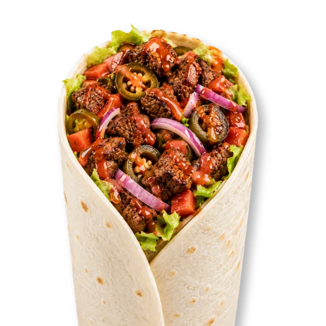 Piquant Beef Wrap: 10-inch tortilla bread, signature beef patty (~4.5 oz), lettuce, jalapenos, onions, red sauce