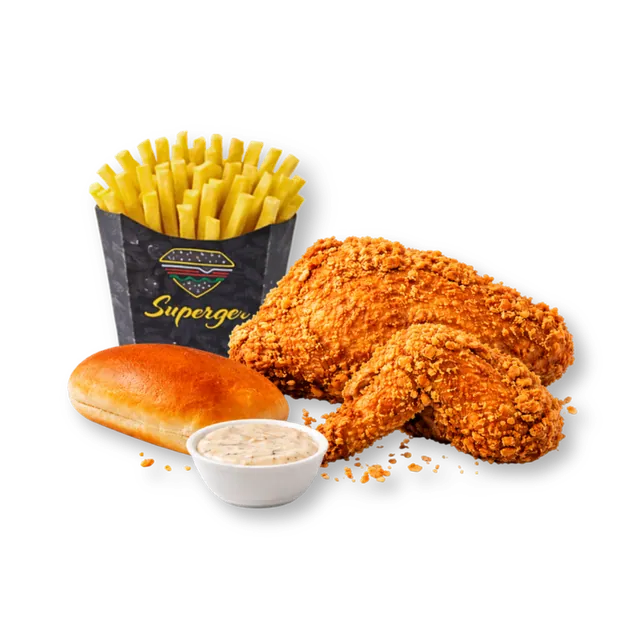 Quarter Chest (2 pcs): 2 pcs crispy fried chicken (chest, wing), ~5 oz premium fries, bun, sauce