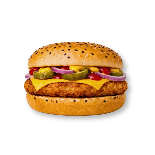 Single-Cheeser Chicken: 4.5-inch soft bun, 1 signature chicken patty (~4.5 oz), 1 cheese slice, pickled cucumbers, onions, mustard sauce, ketchup