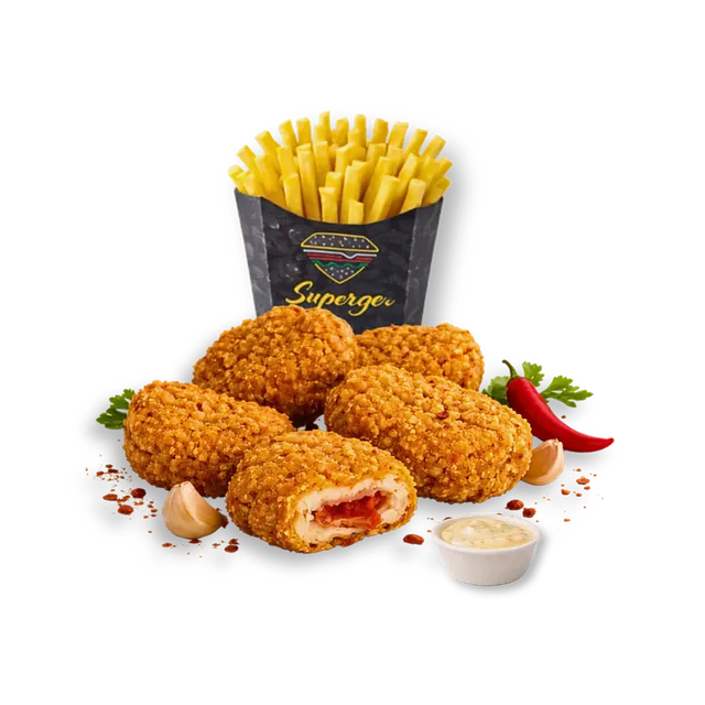 Lava Nuggets: Super Arabic Lava Nuggets: 5 pcs crispy chicken nuggets with a spicy filling, ~5 oz premium potato fries, sauce
