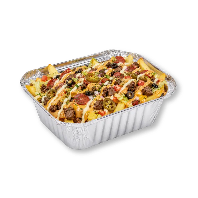 Super-Beefy Fries: ~7 oz premium potato fries, beef patty, beef pepperoni, cheese slice, lettuce, jalapenos, olives, dried parsley, diced onions, diced tomatoes, orange sauce, mayo-mustard sauce