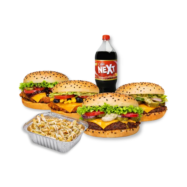Super Plus: 4 Super Premium Burgers + Loaded Fries + 1L Drink (Beef, Chicken & Grilled Chicken only)