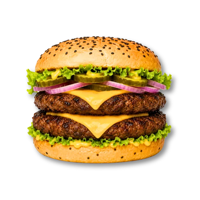 Super Protein Beef: 4.5-inch soft bun, 2 beef patties (~9 oz), 2 cheese slices, lettuce, onions, pickled cucumbers, mustard sauce
