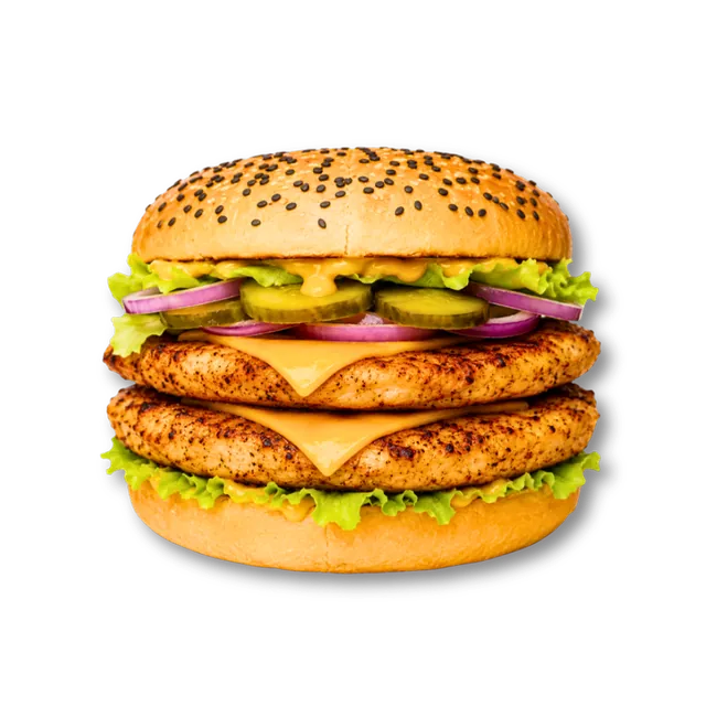Super Protein Chicken: 4.5-inch soft bun, 2 grilled chicken fillets (~9 oz), 2 cheese slices, lettuce, onions, pickled cucumbers, mustard sauce