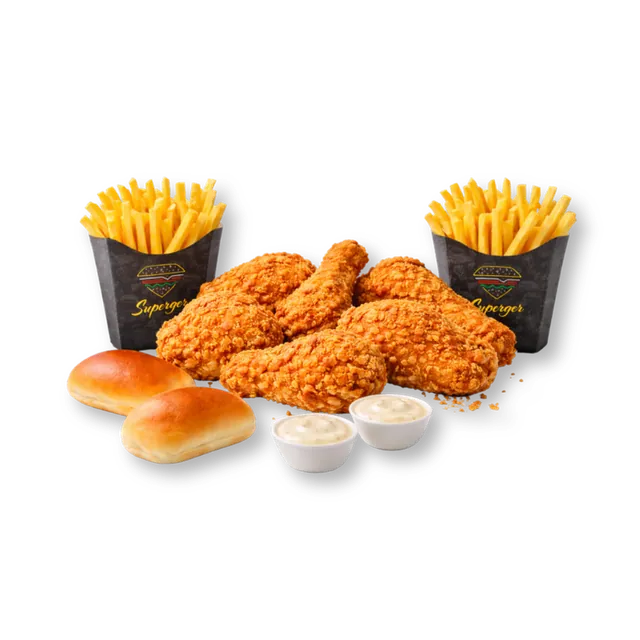 Twin Box (5 pcs): 5 pcs crispy fried chicken, ~10 oz premium fries, 2 buns, 2 sauces