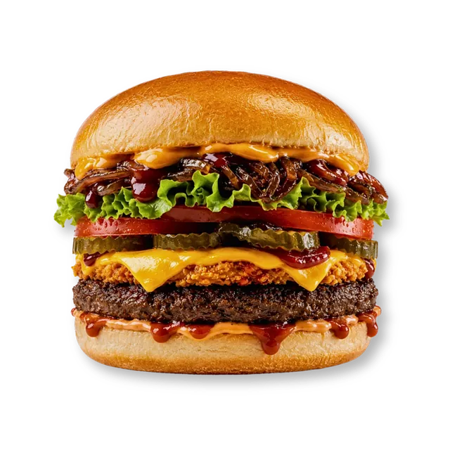 Vintage Charred Mutton: 4.5-inch soft bun, signature mutton patty (~4.5 oz), crispy cheese patty, cheese slice, lettuce, caramelized onions, pickled cucumbers, tomatoes, BBQ sauce, ketchup, orange sauce