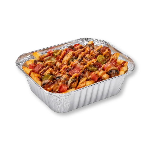 Wild-BBQ Fries: ~7 oz premium potato fries, chicken chunks, chicken pepperoni, caramelized onions, sauté mushrooms, pickled cucumbers, diced tomatoes, BBQ sauce, orange sauce