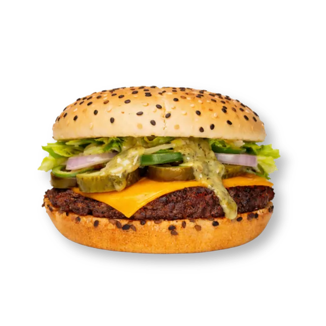 Zesty Green: 4.5-inch soft bun, cheese slice, iceberg, pickled jalapenos, pickled onions, capsicum, pickled cucumbers, green sauce, orange sauce