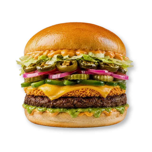 Zesty Green Mutton: 4.5-inch soft bun, signature mutton patty (~4.5 oz), crispy cheese patty, cheese slice, iceberg, pickled jalapenos, pickled onions, pickled cucumbers, capsicum, green sauce, orange sauce